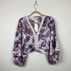 NWT Band of the Free | Paisley Cream Purple Lace Boho Peasant Sleeve Crop Top M